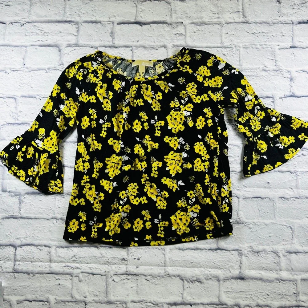 Michael Kors Womens Black Yellow Floral Bell Sleeve Blouse Shirt Small